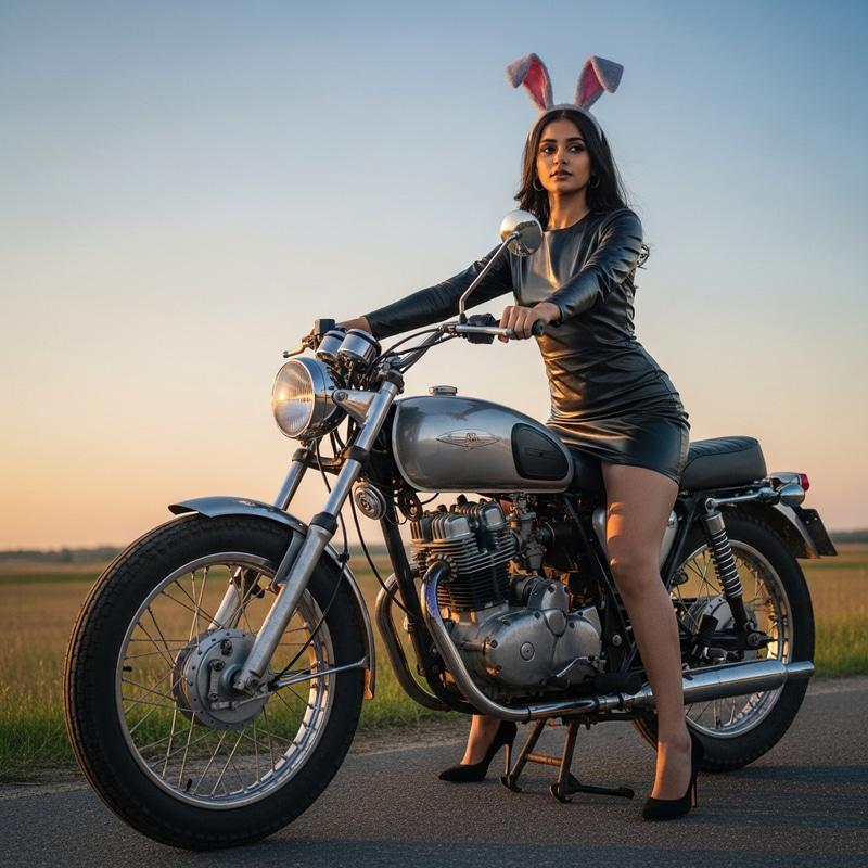 Bunny Girl in Elegant Leather Dress on Vintage Bike Bunny Girl in Elegant Leather Dress on Vintage Bike