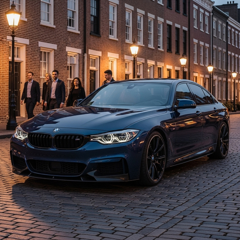Luxury Midnight Blue BMW on Cobblestone Street Luxury Midnight Blue BMW on Cobblestone Street