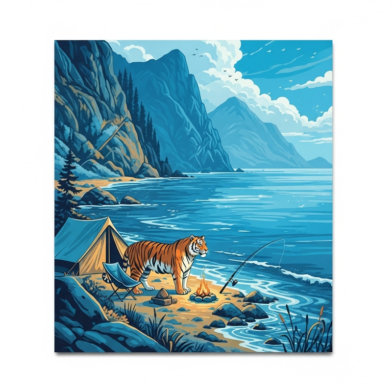 Tranquil Sea Life Scene with Tent, Fishing Rod, and Bold Tiger Tranquil Sea Life Scene with Tent, Fishing Rod, and Bold Tiger