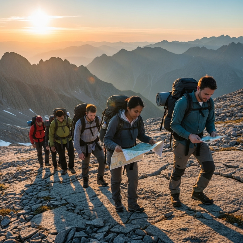 Trailblazing Explorers on a Sunset Mountain Trek Trailblazing Explorers on a Sunset Mountain Trek