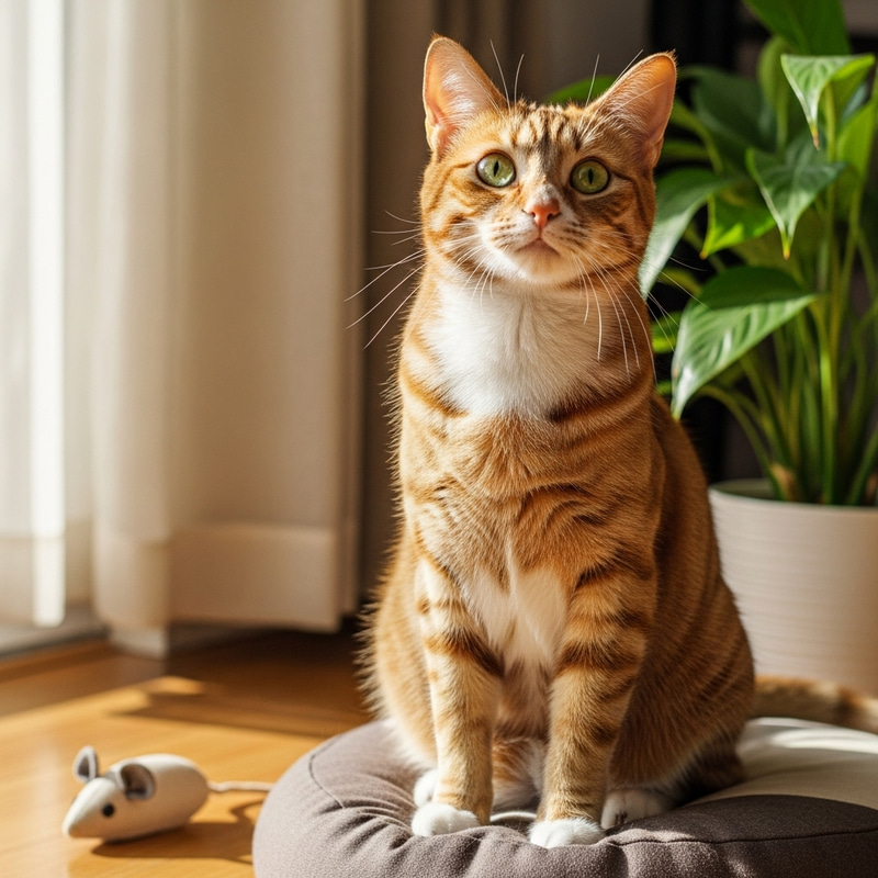 Striped Domestic Cat on Comfortable Cushion | Green Eyes Striped Domestic Cat on Comfortable Cushion | Green Eyes