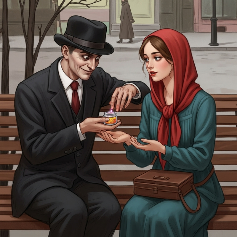 Azazello Giving Magical Potion to Margarita in 1920s Moscow Azazello Giving Magical Potion to Margarita in 1920s Moscow