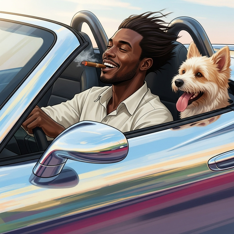 Black Man Driving Sports Car with Cigar & Dog Black Man Driving Sports Car with Cigar & Dog
