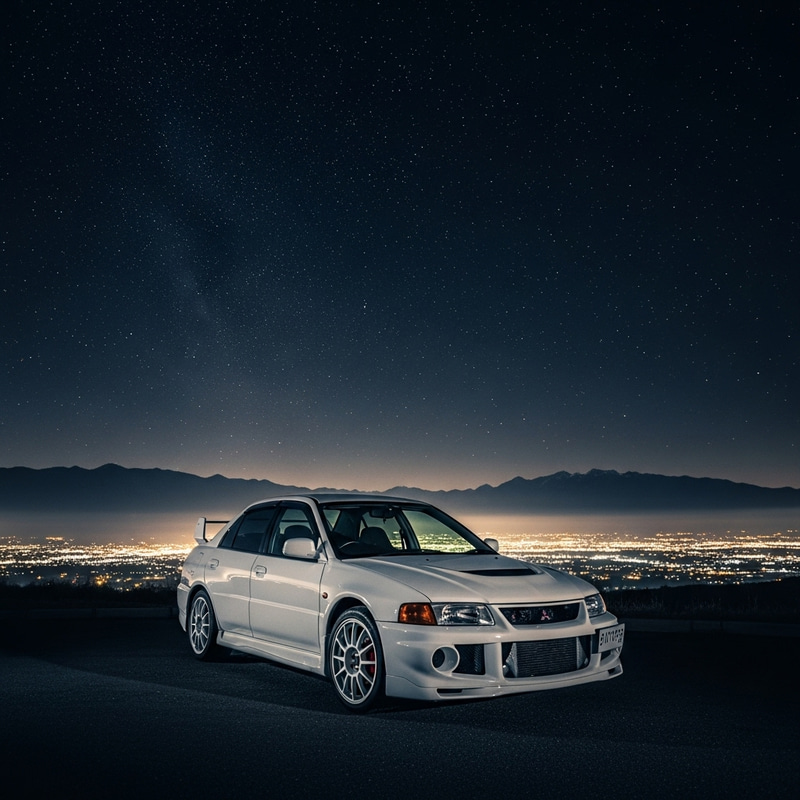Mitsubishi Evo IV at Night in Aesthetic Mountain Landscape Mitsubishi Evo IV at Night in Aesthetic Mountain Landscape