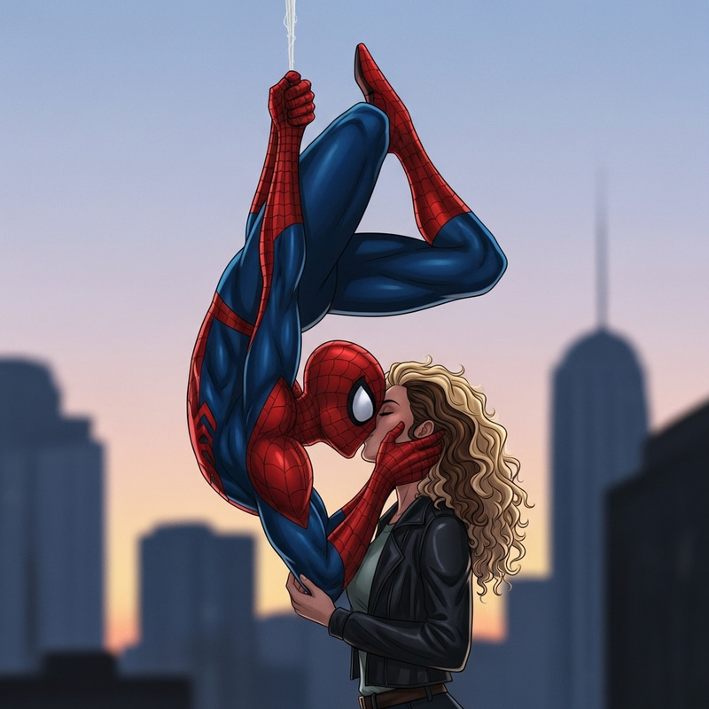 Spiderman Kissing Girl in Romantic City Scene Spiderman Kissing Girl in Romantic City Scene