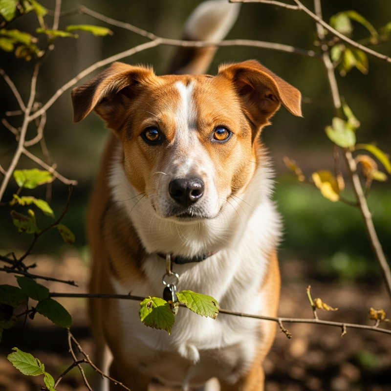 Adorable Russet and White Dog Basking in Sunlight