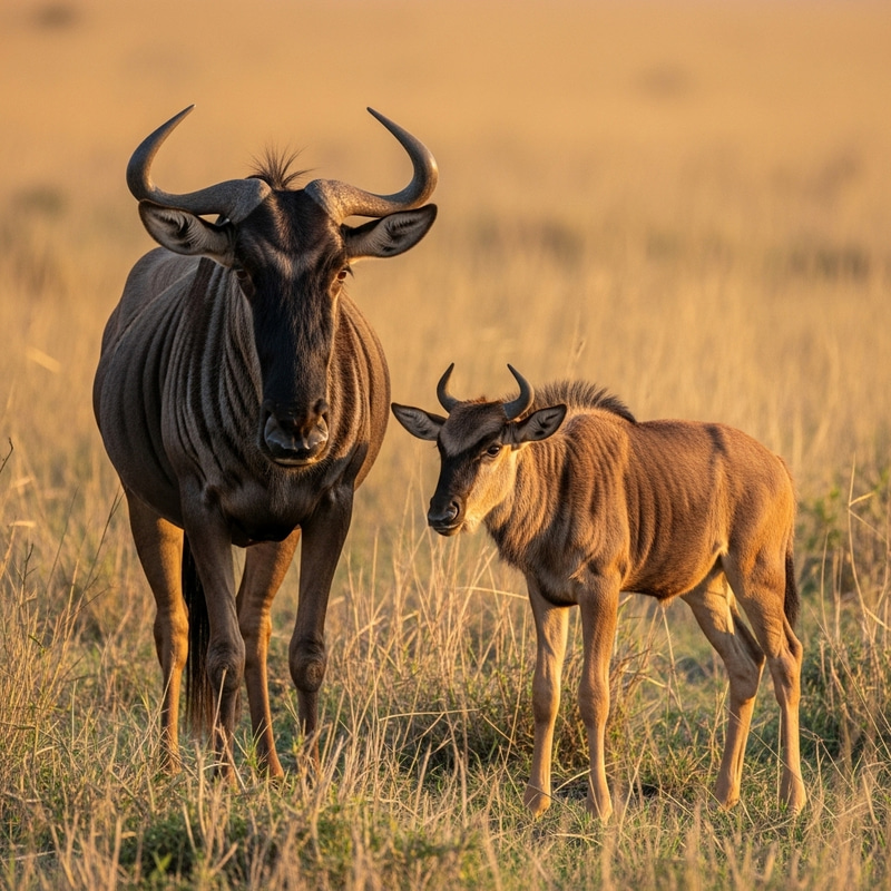 Wildebeest and Calf in African Savannah