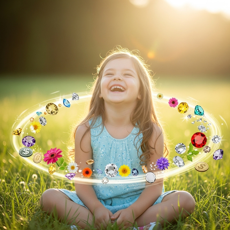 Enveloped in Prosperity: Child's Healing Laughter Amidst Glowing Meadow Enveloped in Prosperity: Child's Healing Laughter Amidst Glowing Meadow