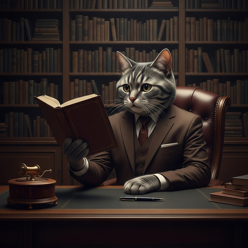 Intellectual Cat Reading at Wooden Desk - Tranquil Setting Intellectual Cat Reading at Wooden Desk - Tranquil Setting