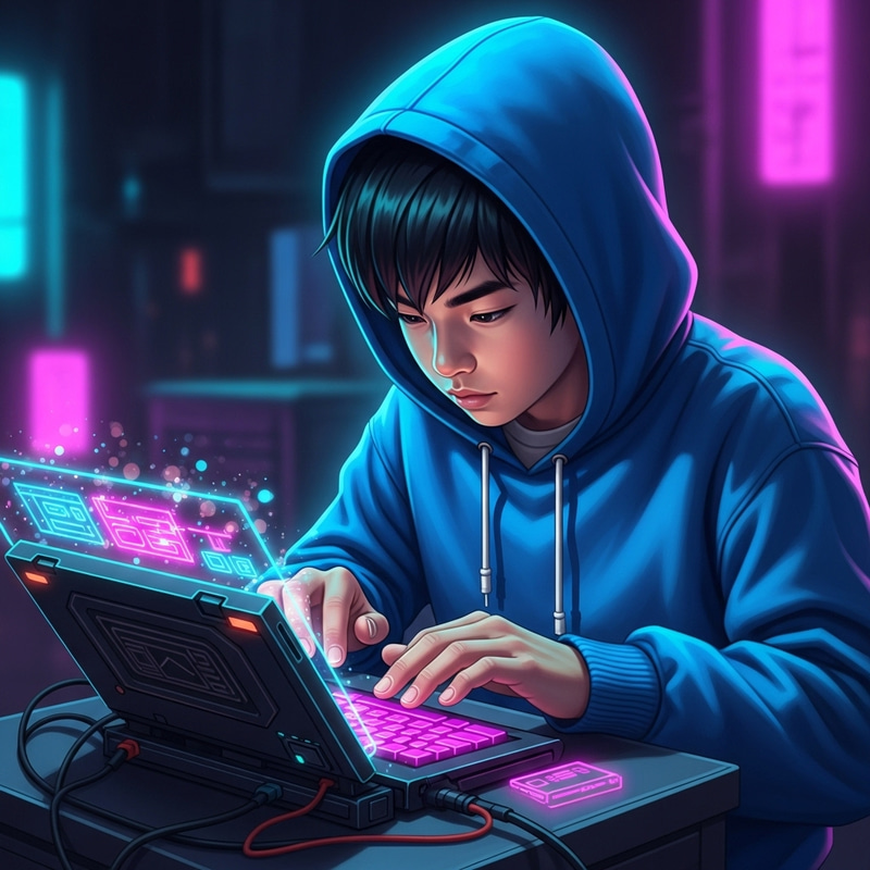 Neon Boy Hacking in Blue Hoodie - Digital Art by Jordan Grimmer & Greg Rutkowski Neon Boy Hacking in Blue Hoodie - Digital Art by Jordan Grimmer & Greg Rutkowski