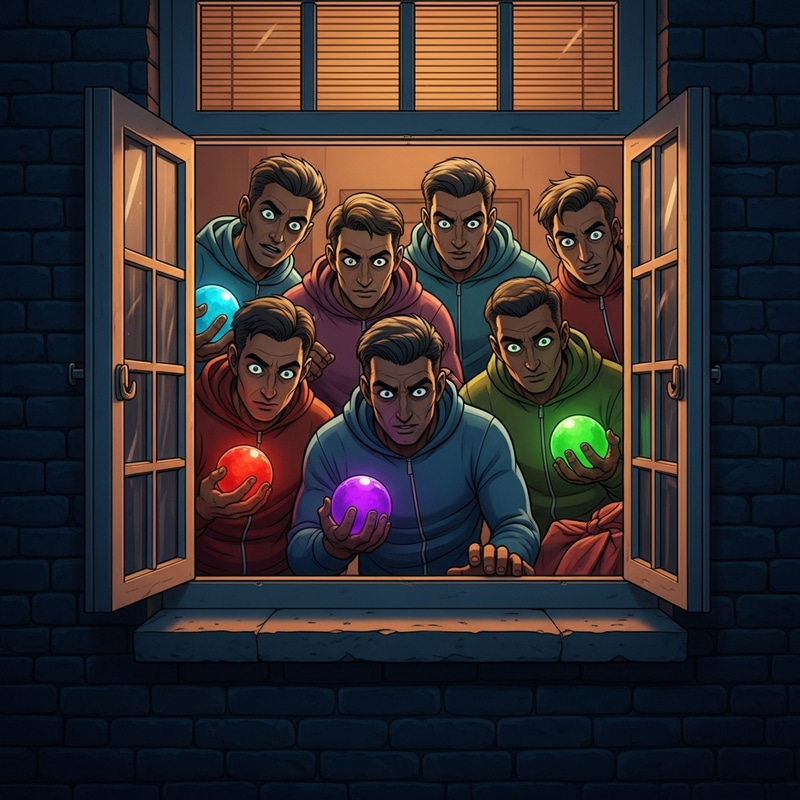 Sinister Gay Men with Colorful Orbs Gazing through Window Sinister Gay Men with Colorful Orbs Gazing through Window