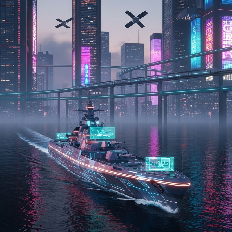 Cyberpunk Warship in Neon Cityscape