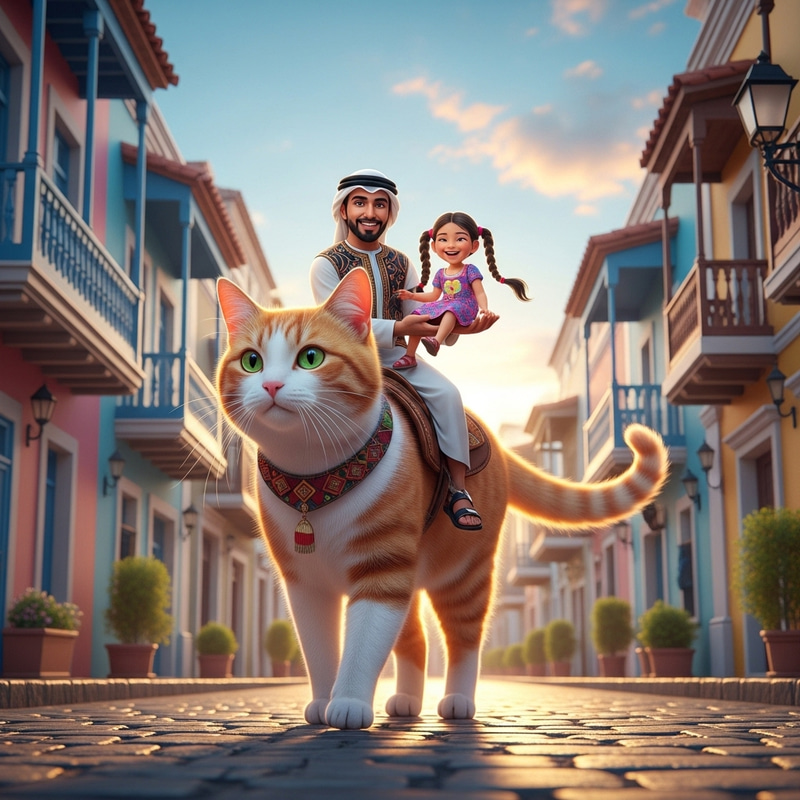 Surreal Moment: Man Holds Hispanic Girl Riding Majestic Cat