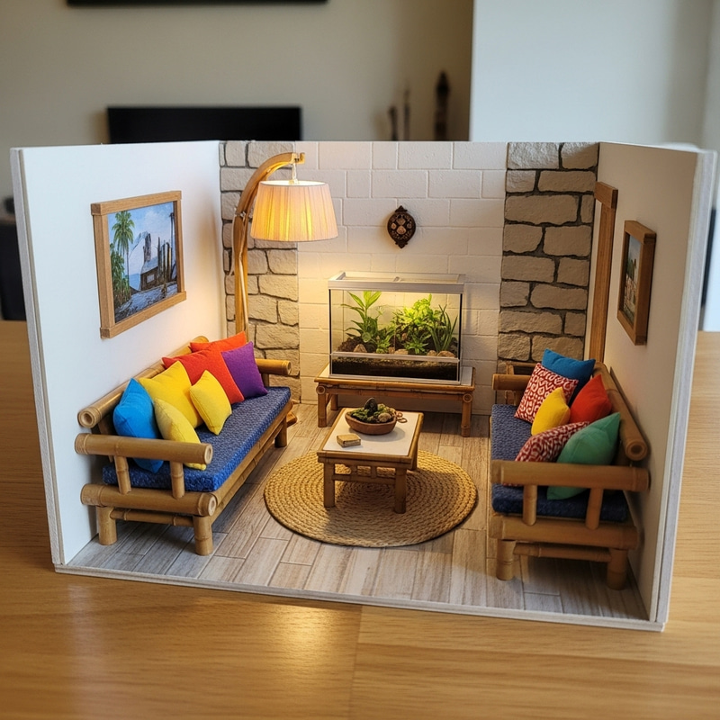 Chic Bamboo Living Room Model with Terrarium Chic Bamboo Living Room Model with Terrarium