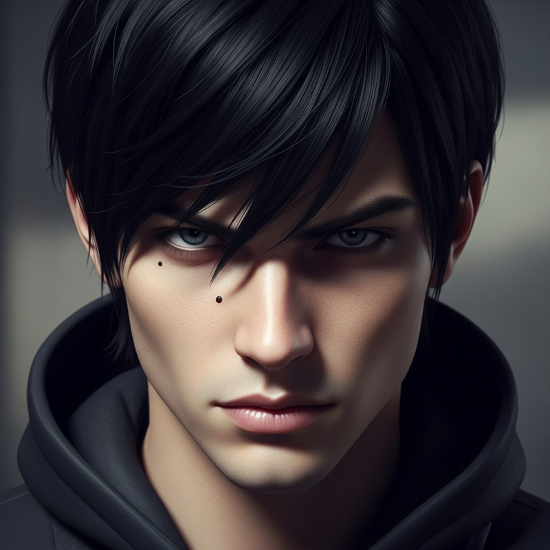 22-Year-Old Man with Black Hair and Grey Eyes, Striking Features