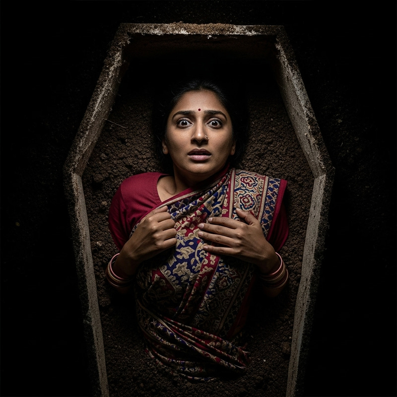 Eerie Awakening: A Chilling Coffin Scene Eerie Awakening: A Chilling Coffin Scene