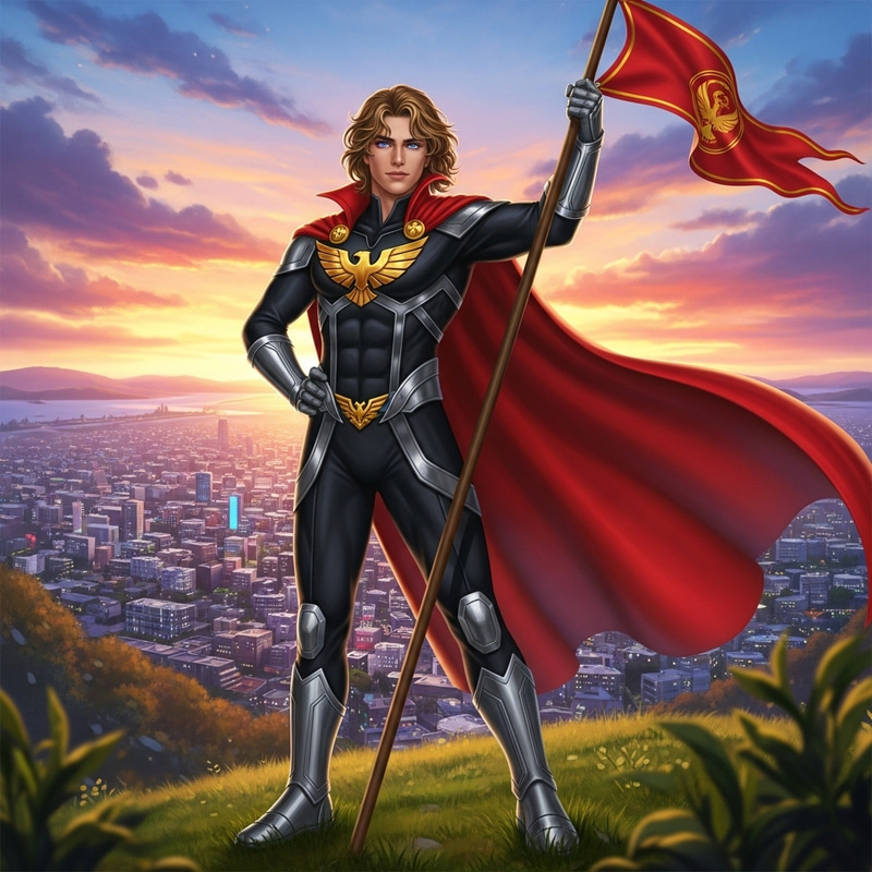 Stunning Golden-Haired Hero in Sunset Cityscape Stunning Golden-Haired Hero in Sunset Cityscape