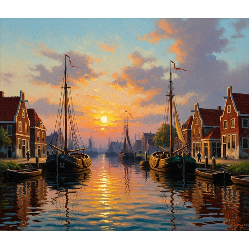 Serene Dutch Harbor Sunset | Vibrant Colors & Masterful Brushstrokes Serene Dutch Harbor Sunset | Vibrant Colors & Masterful Brushstrokes