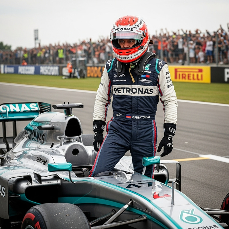 Caucasian Male Politician in F1 Suit: Racing Moment Caucasian Male Politician in F1 Suit: Racing Moment