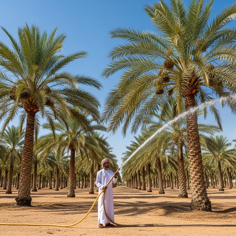 An Omani Man Watering Tall Palm Trees with Determination