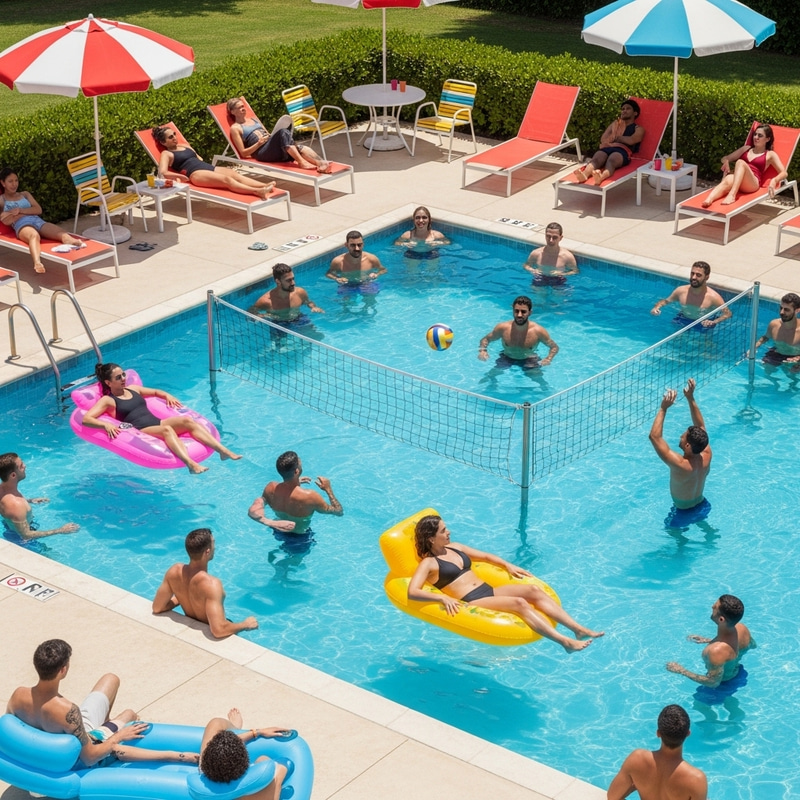 Diverse Pool Scene: Multicultural Crowd Enjoys Sunny Day