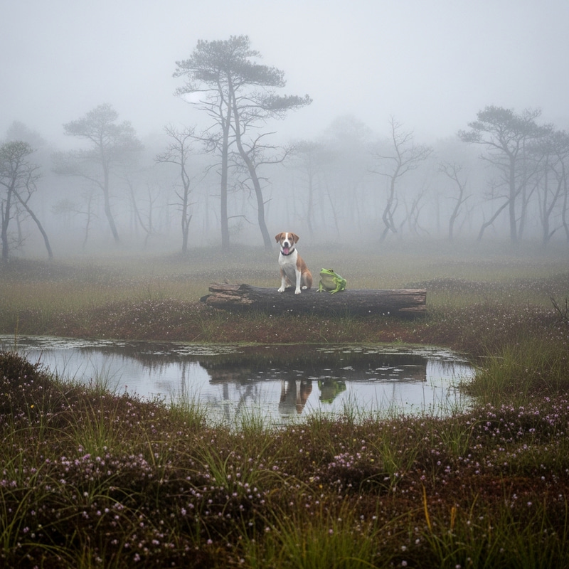 Foggy Bog with Dog and Frog | Mysterious Swamp Scene