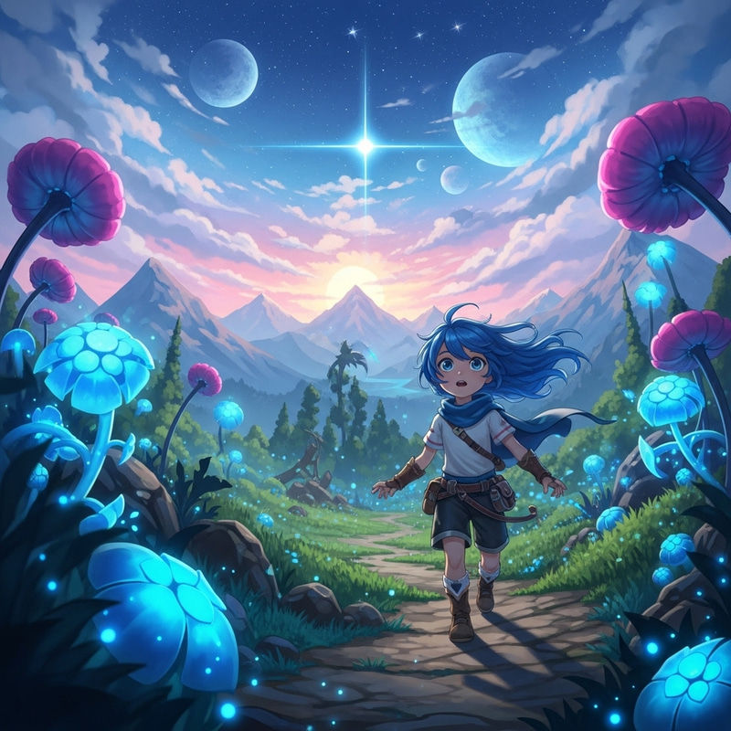 Child with Blue Hair Explores Enchanting Fantasy World