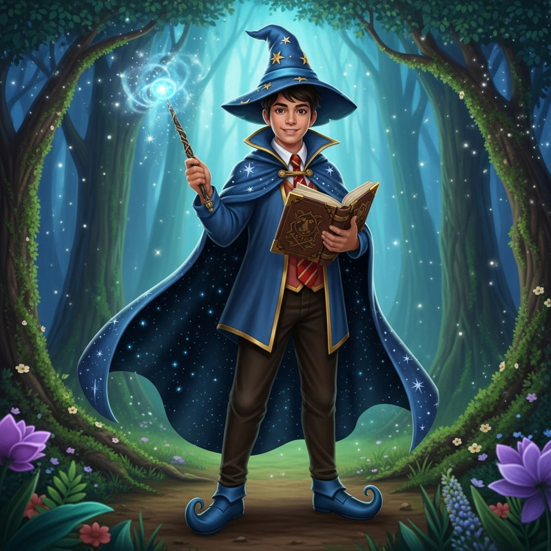Hispanic Teenage Wizard in Enchanting Forest Hispanic Teenage Wizard in Enchanting Forest