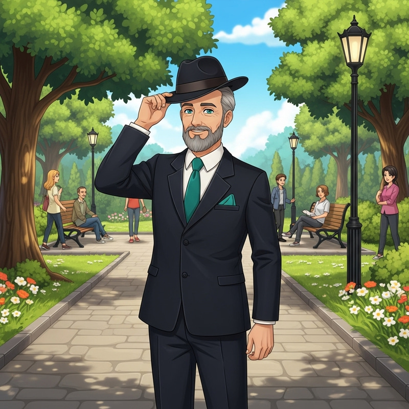 Elegant Gentleman Tipping Hat in a Sunny Park
