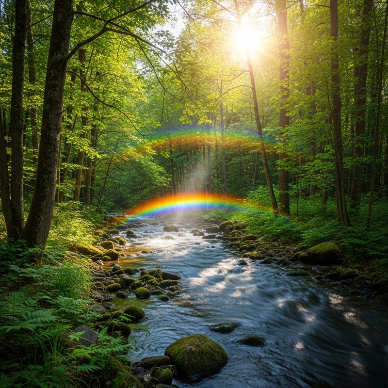 Tranquil Forest by Stream with Water Rainbow | Bright Sunny Day Tranquil Forest by Stream with Water Rainbow | Bright Sunny Day