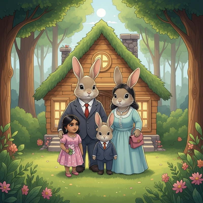 Adorable Rabbit Family in Formal Attire | Cozy Forest Home