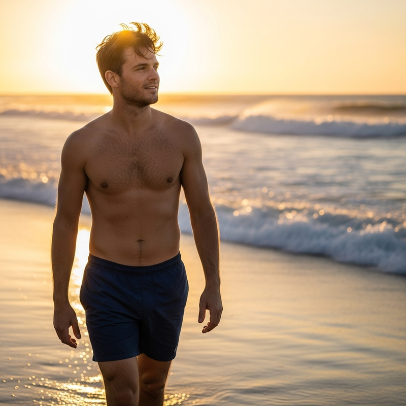 Caucasian Man Walking on the Seaside in Shorts