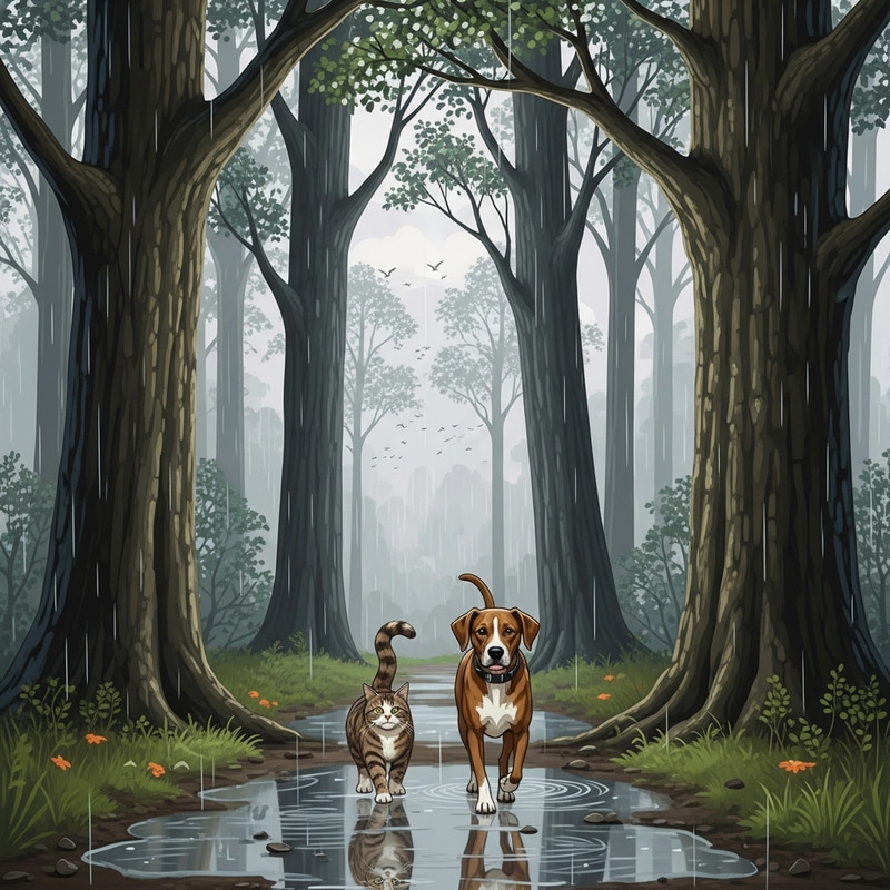 Cat and Dog on Rainy Forest Trail Cat and Dog on Rainy Forest Trail