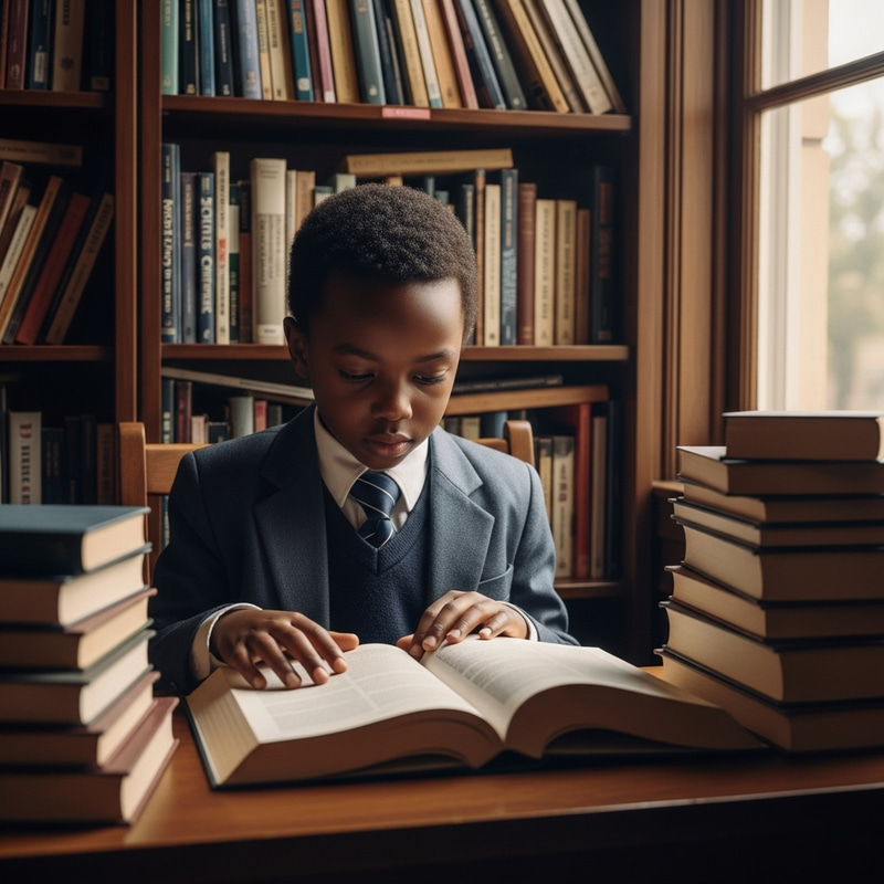 African Professor Boy Engrossed in Library Studies