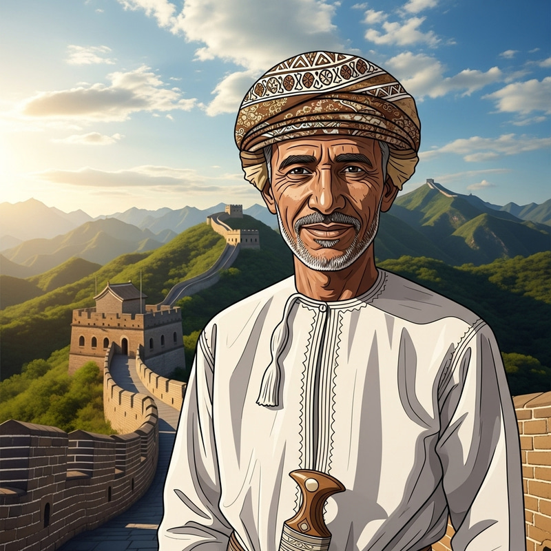 Middle-Eastern Man in Traditional Omani Attire at Chinese Historical Site