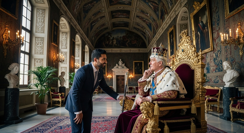 Distinguished Middle Eastern Man Engages with King in Royale Setting