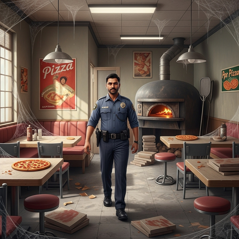 Brave Security Guard in Abandoned Pizzeria Brave Security Guard in Abandoned Pizzeria