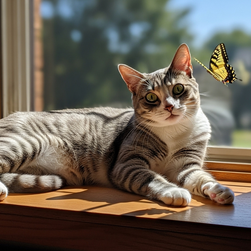 Adorable Gray and White Cat Watching a Butterfly Adorable Gray and White Cat Watching a Butterfly