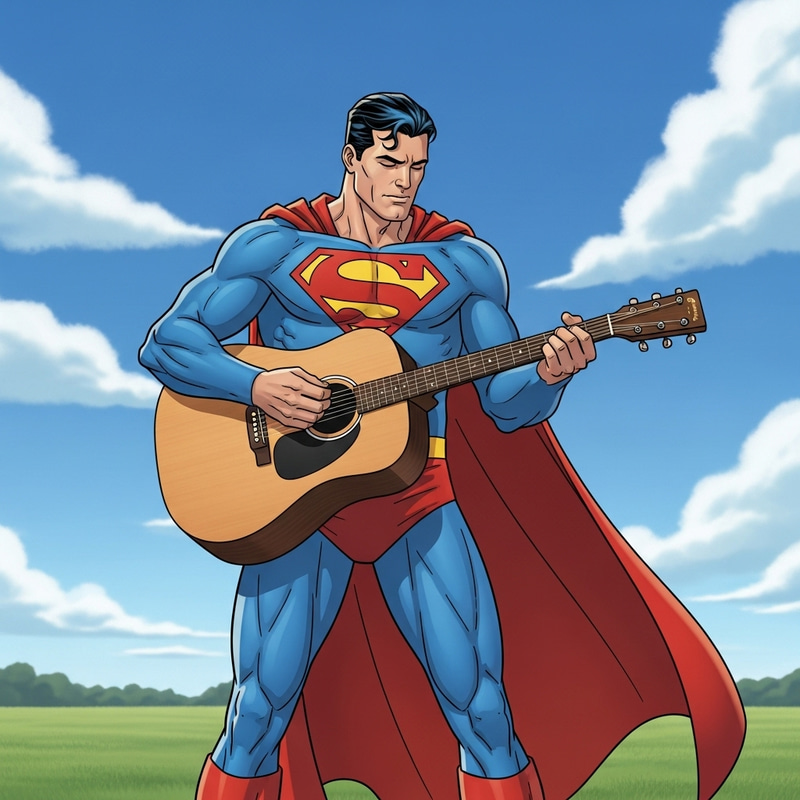 Superman Playing Guitar - Acoustic Performance in Open Field Superman Playing Guitar - Acoustic Performance in Open Field