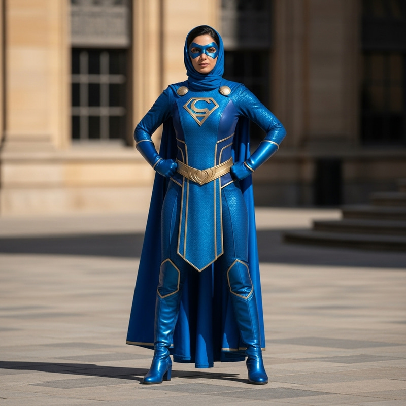 Confident Middle Eastern Superhero Woman in Striking Blue Costume