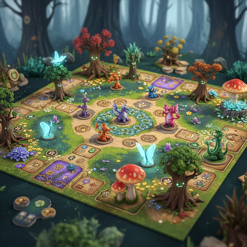 Whimsical Fantasy Boardgame in Enchanted Forest Whimsical Fantasy Boardgame in Enchanted Forest