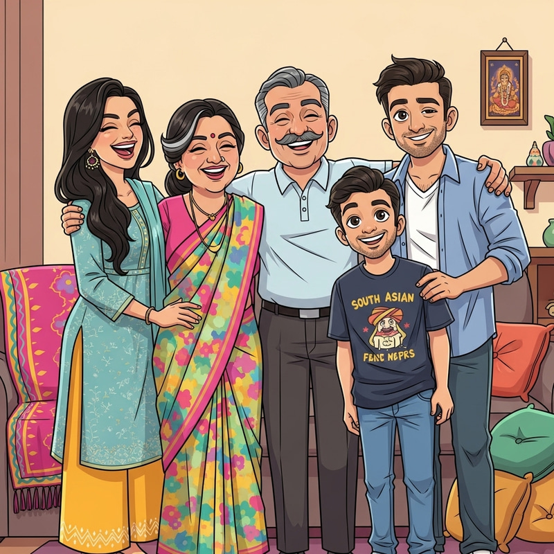 Quirky South Asian Family Cartoon Portrait Quirky South Asian Family Cartoon Portrait