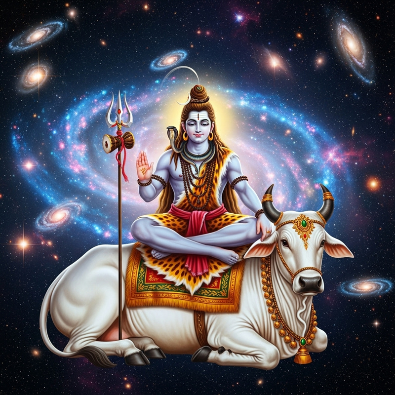 Lord Shiva Sitting on Nandi in Majestic Cosmic Ambiance Lord Shiva Sitting on Nandi in Majestic Cosmic Ambiance