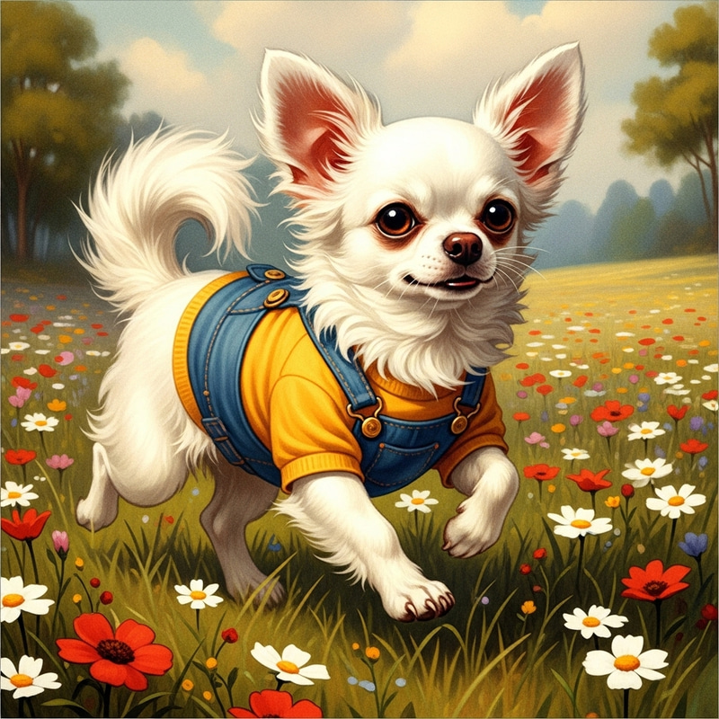 Adorable Fluffy White Chihuahua Running in Flower Field