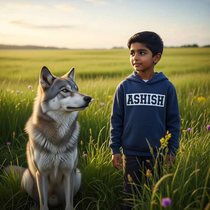 Young South Asian Boy in Grass Field with Hoodie Surrounded by Wolf Young South Asian Boy in Grass Field with Hoodie Surrounded by Wolf