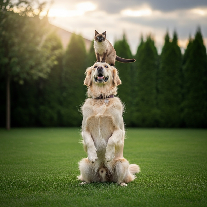 Playful Dog Balancing Cat on Head in Backyard