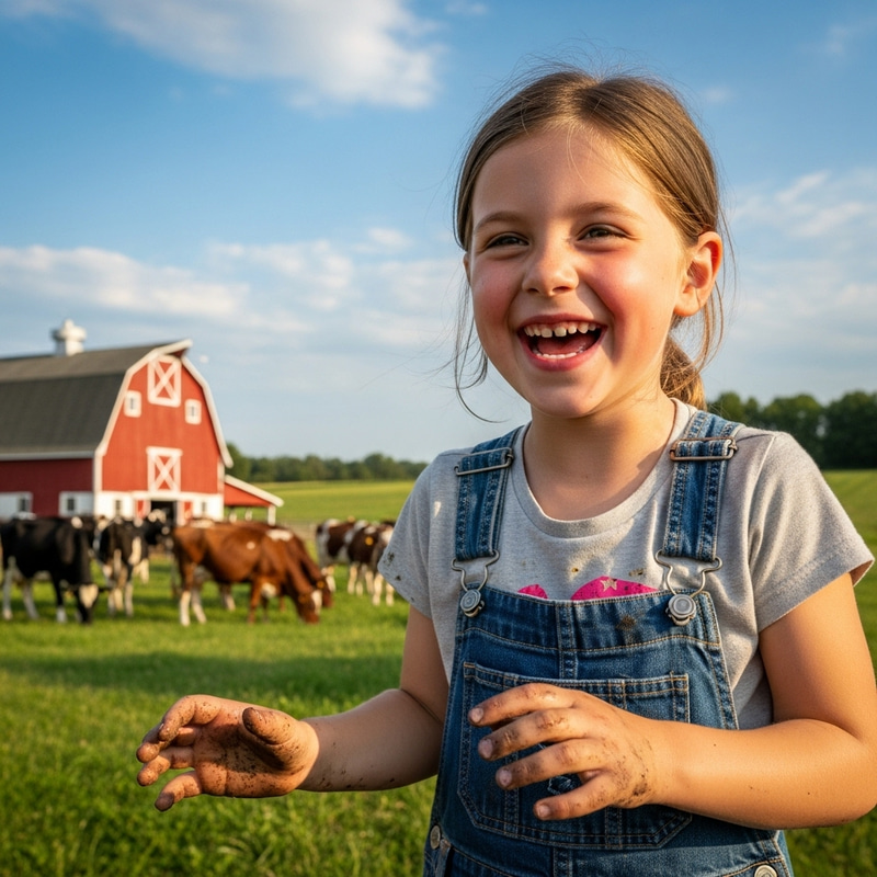 Heartwarming Rural Scene with Playful Girl and Cows Heartwarming Rural Scene with Playful Girl and Cows