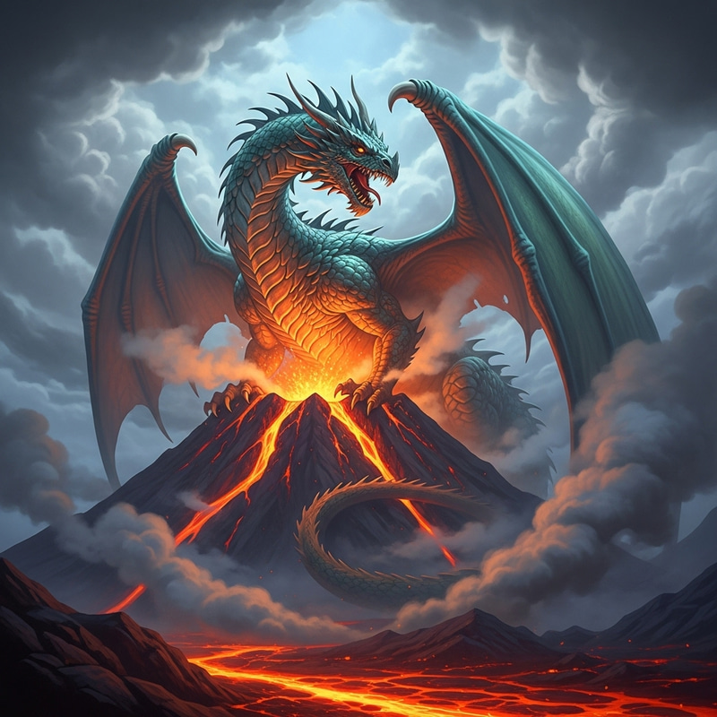 Majestic Dragon atop Volcano - Enchanting Fantasy View