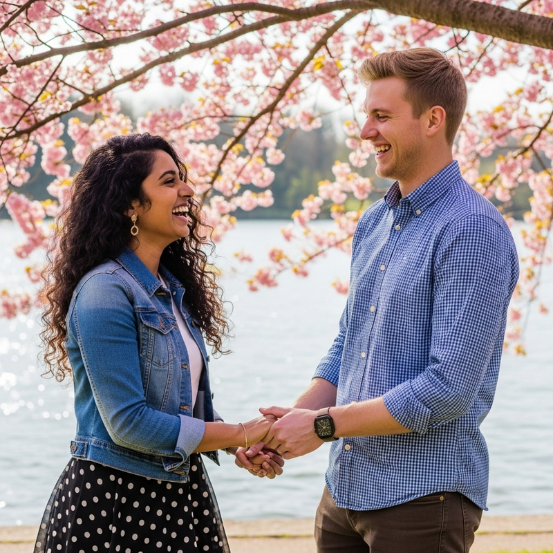 Multicultural Couple Laughing Under Cherry Blossom Tree