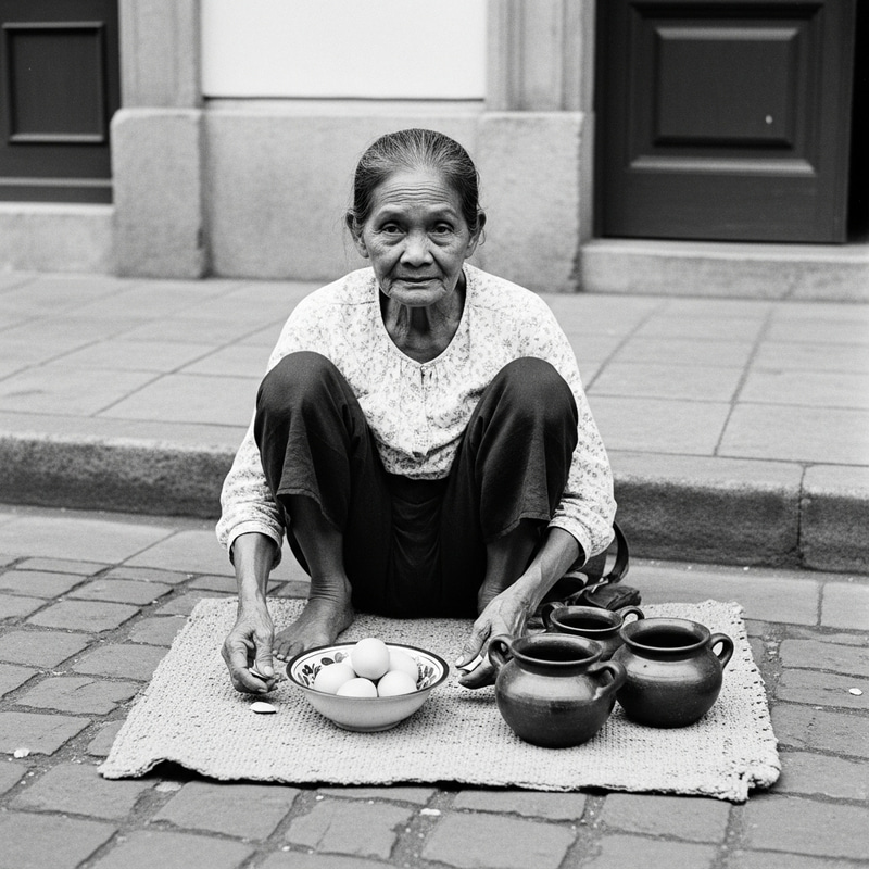 Elderly Filipino Woman Selling Eggs & Pots in 19th Century Philippines Elderly Filipino Woman Selling Eggs & Pots in 19th Century Philippines